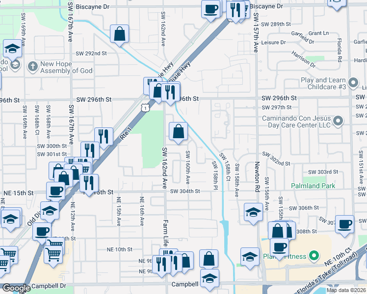 map of restaurants, bars, coffee shops, grocery stores, and more near 30040 Southwest 160th Avenue in Homestead
