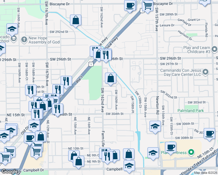 map of restaurants, bars, coffee shops, grocery stores, and more near 16161 Southwest 301st Street in Homestead