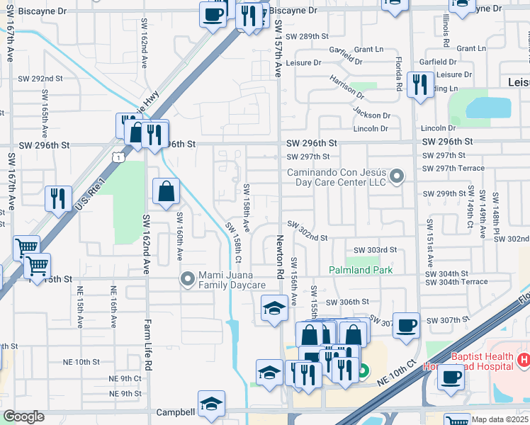 map of restaurants, bars, coffee shops, grocery stores, and more near 30053 Southwest 157th Place in Homestead