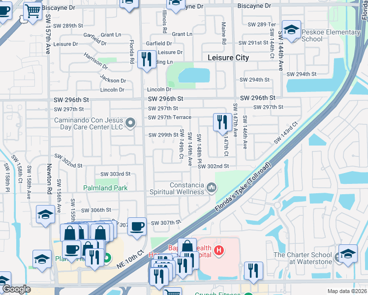 map of restaurants, bars, coffee shops, grocery stores, and more near 30021 Southwest 149th Court in Homestead