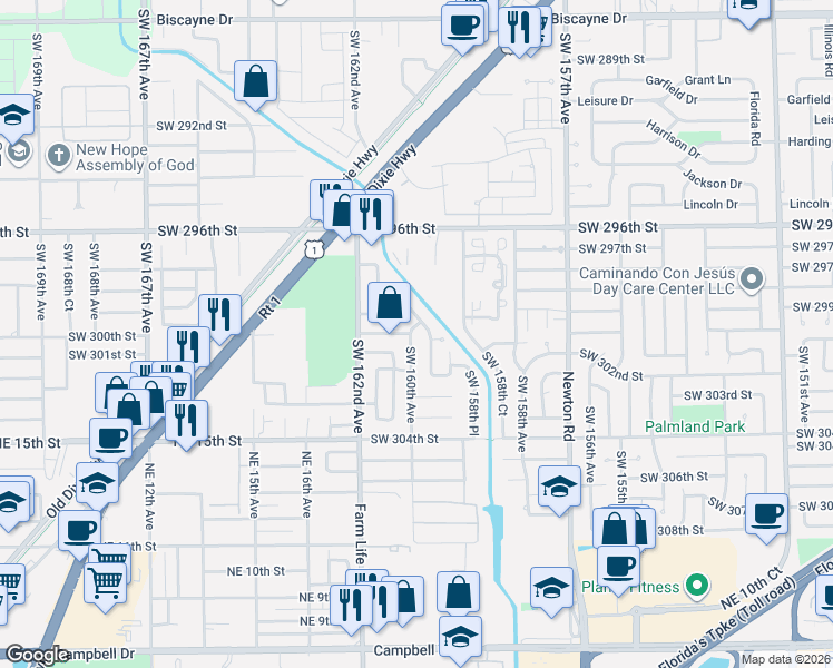 map of restaurants, bars, coffee shops, grocery stores, and more near 30040 Southwest 160th Avenue in Homestead