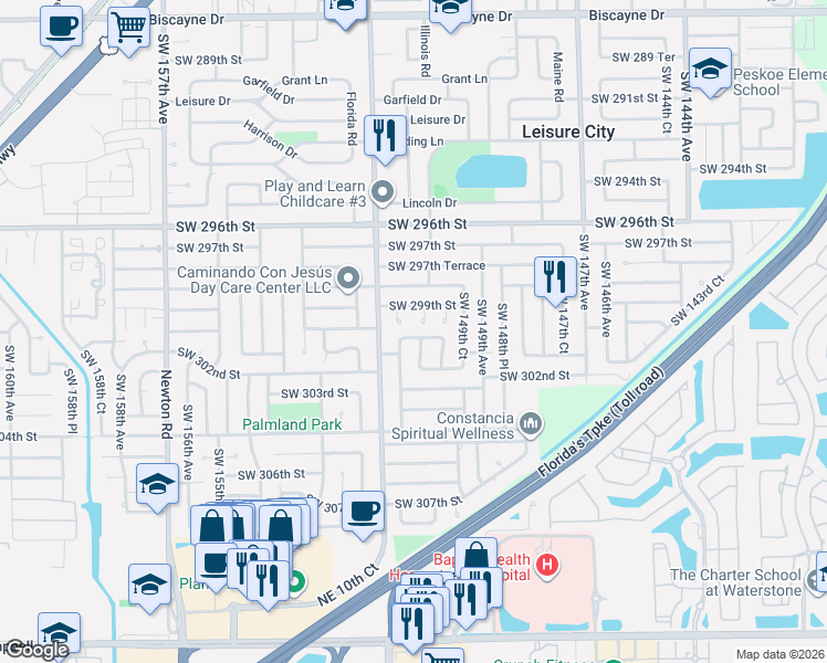 map of restaurants, bars, coffee shops, grocery stores, and more near 15002 Southwest 300th Terrace in Homestead