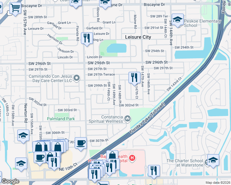 map of restaurants, bars, coffee shops, grocery stores, and more near 30021 Southwest 149th Court in Homestead