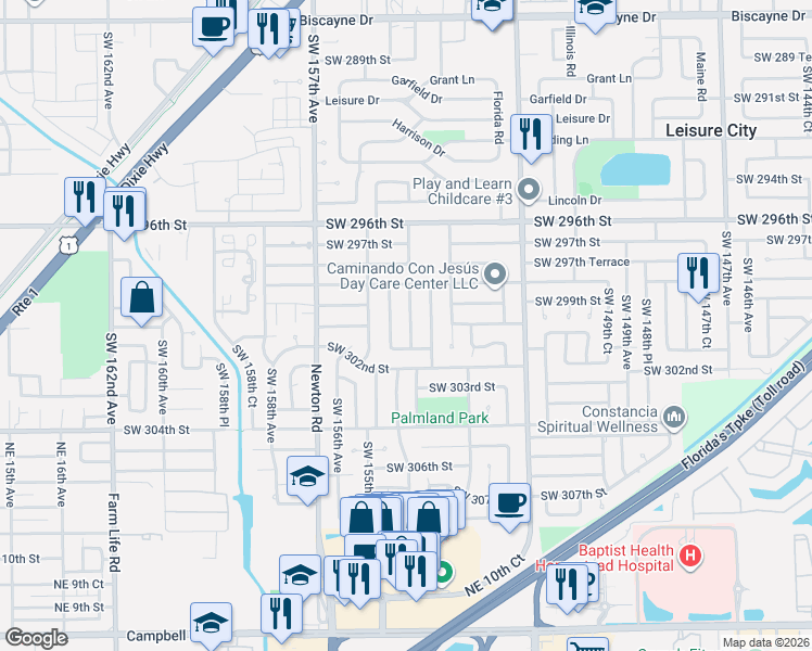map of restaurants, bars, coffee shops, grocery stores, and more near 30054 Southwest 154th Court in Homestead