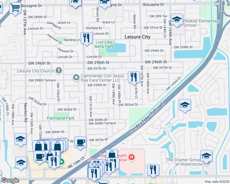 map of restaurants, bars, coffee shops, grocery stores, and more near 30021 Southwest 149th Court in Homestead