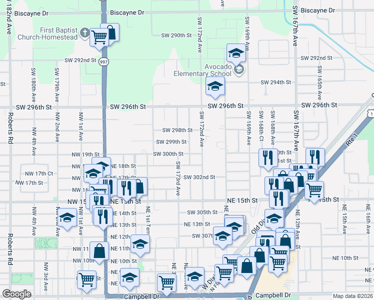 map of restaurants, bars, coffee shops, grocery stores, and more near 17250 Southwest 300th Street in Homestead