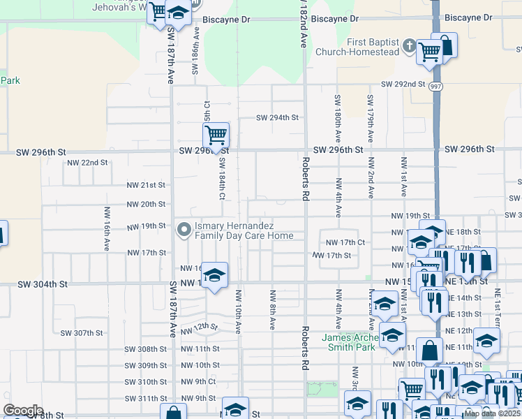 map of restaurants, bars, coffee shops, grocery stores, and more near 1892 Northwest 8th Terrace in Homestead