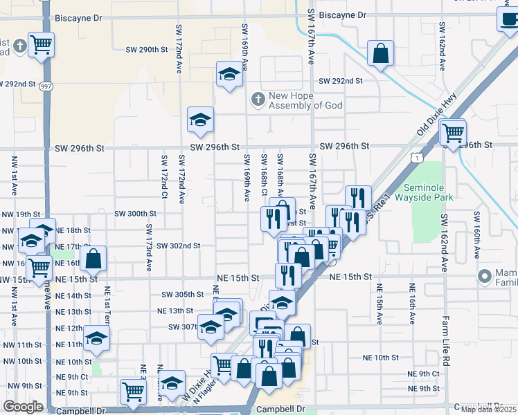 map of restaurants, bars, coffee shops, grocery stores, and more near 30000 Southwest 168th Court in Homestead