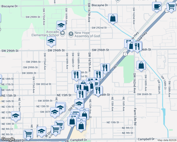 map of restaurants, bars, coffee shops, grocery stores, and more near 16710 Southwest 300th Street in Homestead