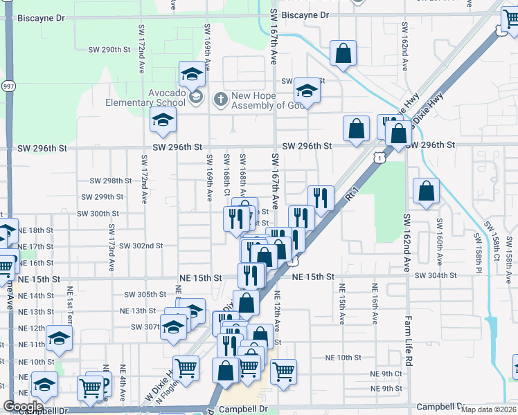 map of restaurants, bars, coffee shops, grocery stores, and more near 16710 Southwest 300th Street in Homestead