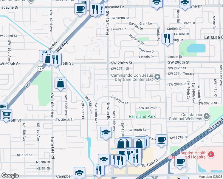 map of restaurants, bars, coffee shops, grocery stores, and more near 30060 Southwest 157th Avenue in Homestead