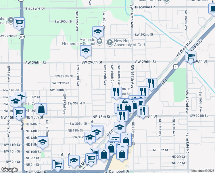 map of restaurants, bars, coffee shops, grocery stores, and more near 30000 Southwest 168th Court in Homestead
