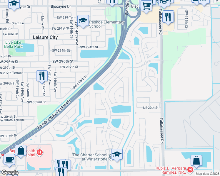 map of restaurants, bars, coffee shops, grocery stores, and more near 2106 Northeast 39th Terrace in Homestead
