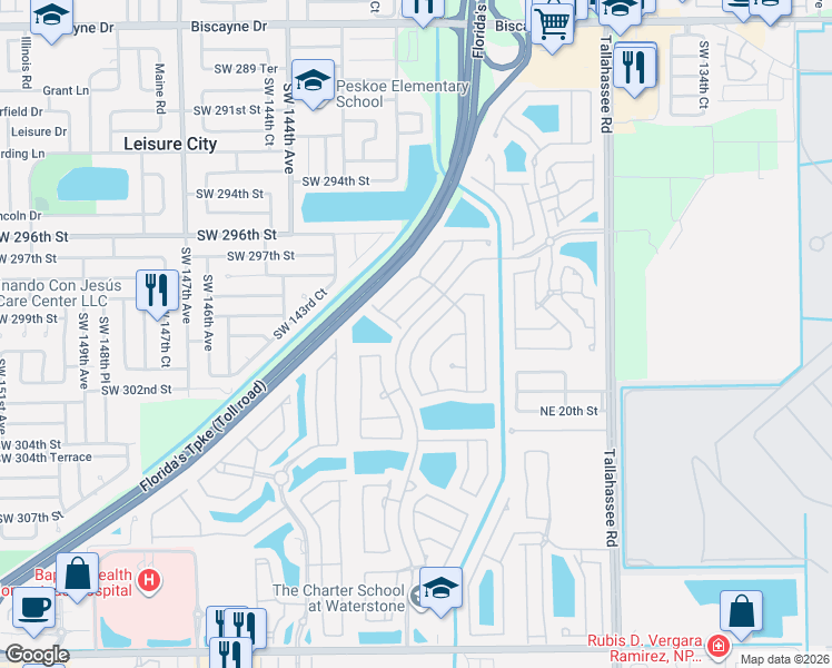 map of restaurants, bars, coffee shops, grocery stores, and more near 2106 Northeast 39th Terrace in Homestead