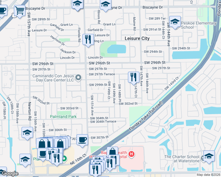 map of restaurants, bars, coffee shops, grocery stores, and more near 29863 Southwest 149th Court in Homestead