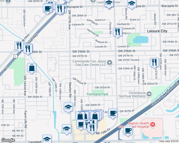 map of restaurants, bars, coffee shops, grocery stores, and more near 29830 Southwest 154th Court in Homestead