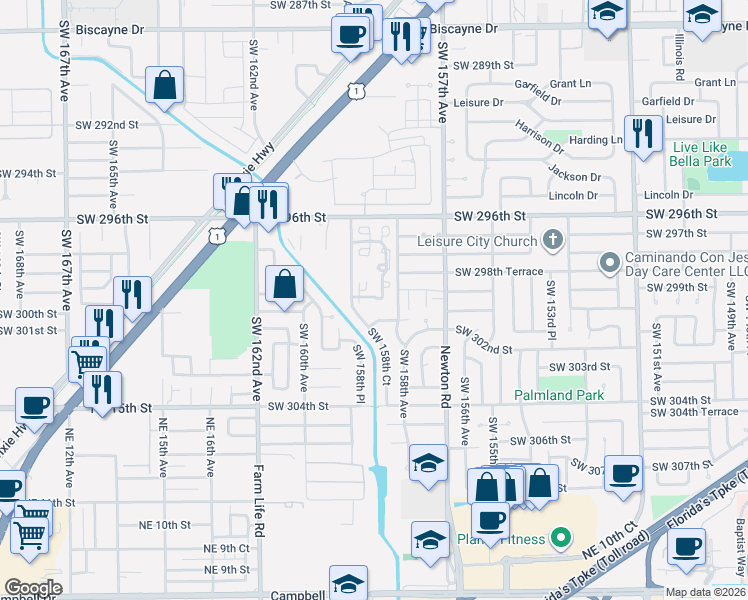 map of restaurants, bars, coffee shops, grocery stores, and more near 29951 Southwest 158th Place in Homestead