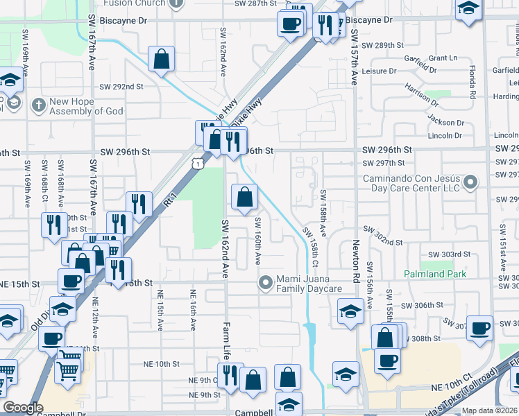 map of restaurants, bars, coffee shops, grocery stores, and more near 29869 Southwest 159th Drive in Homestead