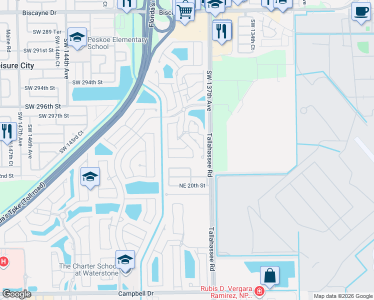 map of restaurants, bars, coffee shops, grocery stores, and more near 2224 Portofino Avenue in Homestead