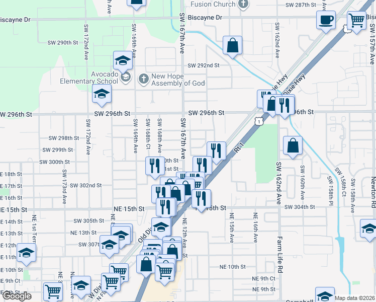 map of restaurants, bars, coffee shops, grocery stores, and more near 29861 Southwest 165th Avenue in Homestead