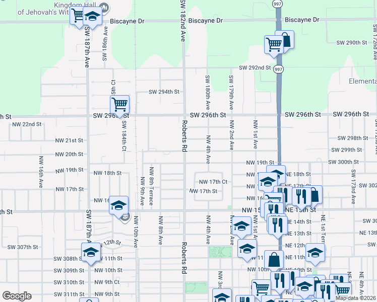 map of restaurants, bars, coffee shops, grocery stores, and more near 544 Northwest 21st Street in Homestead