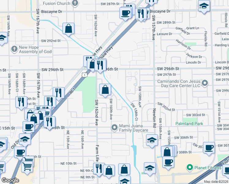 map of restaurants, bars, coffee shops, grocery stores, and more near 29869 Southwest 159th Drive in Homestead