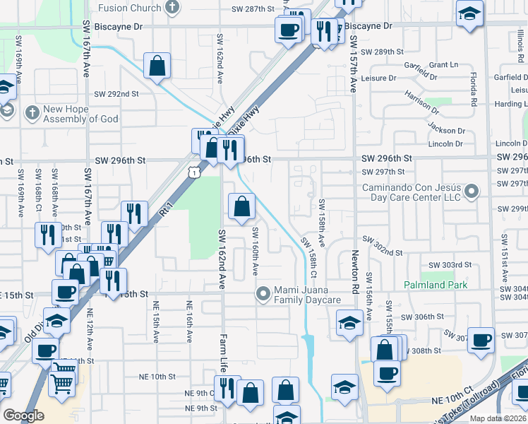 map of restaurants, bars, coffee shops, grocery stores, and more near 29869 Southwest 159th Drive in Homestead