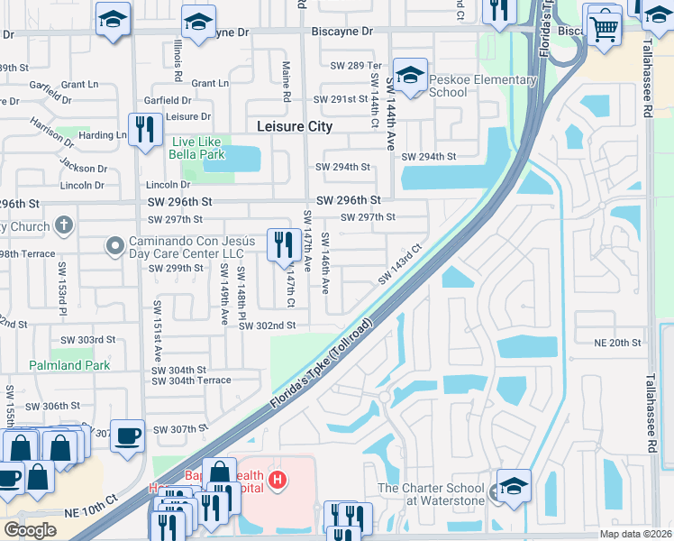 map of restaurants, bars, coffee shops, grocery stores, and more near 14535 Southwest 299th Terrace in Homestead