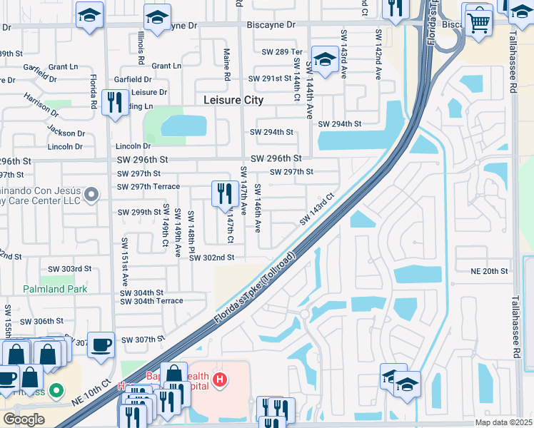 map of restaurants, bars, coffee shops, grocery stores, and more near 14535 Southwest 299th Terrace in Homestead
