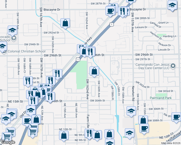 map of restaurants, bars, coffee shops, grocery stores, and more near 29844 Southwest 161st Court in Homestead