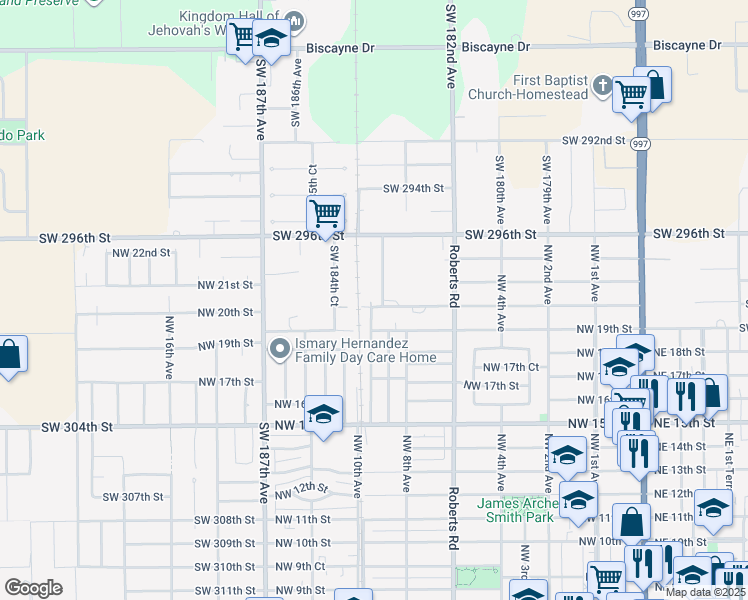map of restaurants, bars, coffee shops, grocery stores, and more near 701 Northwest 20th Street in Homestead