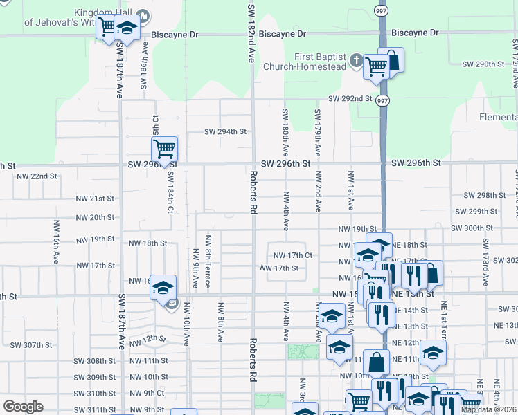 map of restaurants, bars, coffee shops, grocery stores, and more near 544 Northwest 21st Street in Homestead