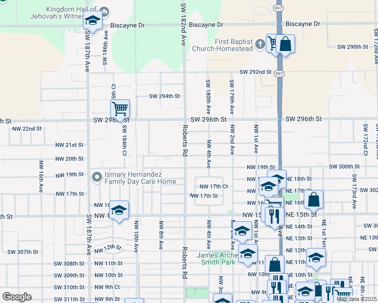 map of restaurants, bars, coffee shops, grocery stores, and more near 544 Northwest 21st Street in Homestead