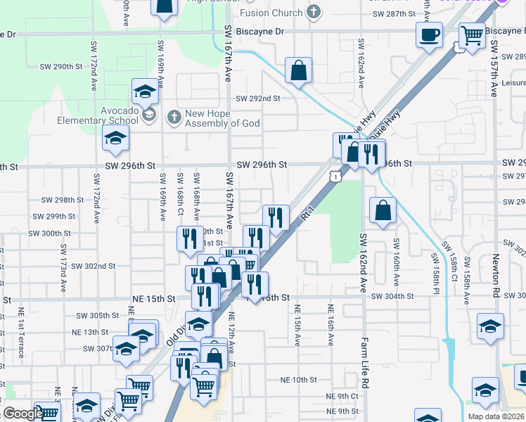 map of restaurants, bars, coffee shops, grocery stores, and more near 29861 Southwest 165th Avenue in Homestead