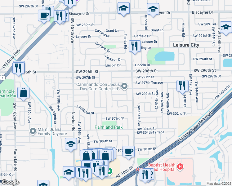 map of restaurants, bars, coffee shops, grocery stores, and more near 15321 Southwest 299th Street in Homestead