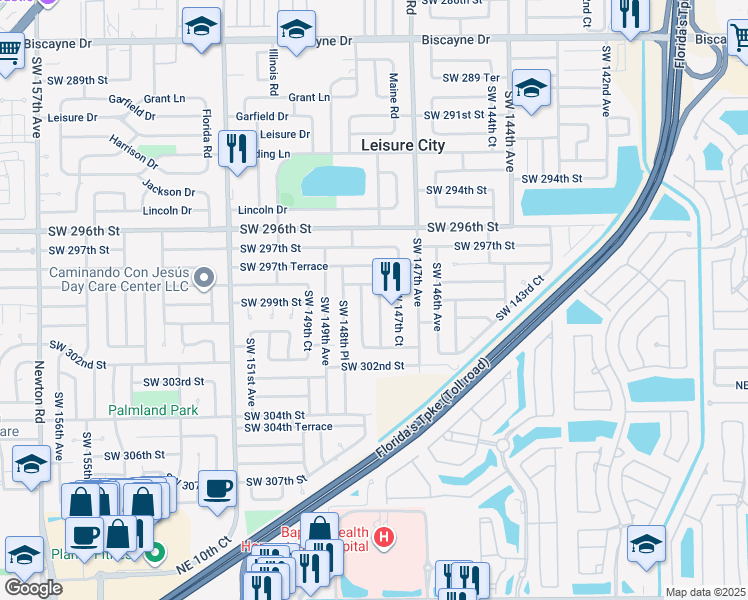 map of restaurants, bars, coffee shops, grocery stores, and more near 29833 Southwest 148th Avenue in Homestead