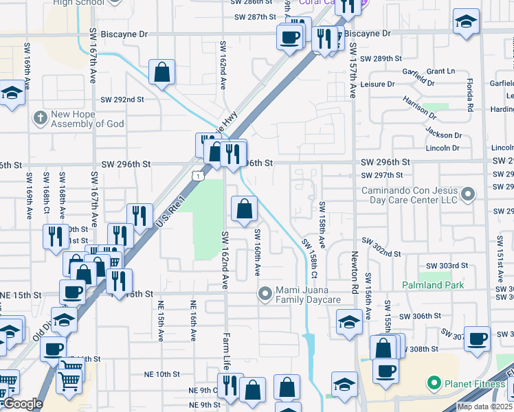 map of restaurants, bars, coffee shops, grocery stores, and more near 29869 Southwest 159th Drive in Homestead