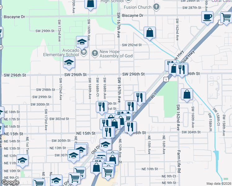 map of restaurants, bars, coffee shops, grocery stores, and more near 16706 Southwest 298th Terrace in Homestead