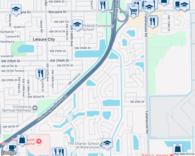 map of restaurants, bars, coffee shops, grocery stores, and more near 2130 Northeast 37th Road in Homestead