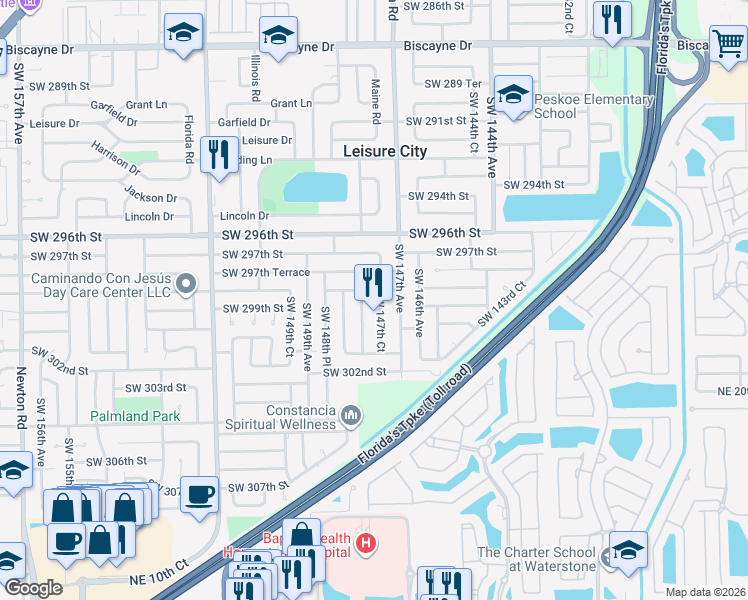 map of restaurants, bars, coffee shops, grocery stores, and more near 29833 Southwest 148th Avenue in Homestead