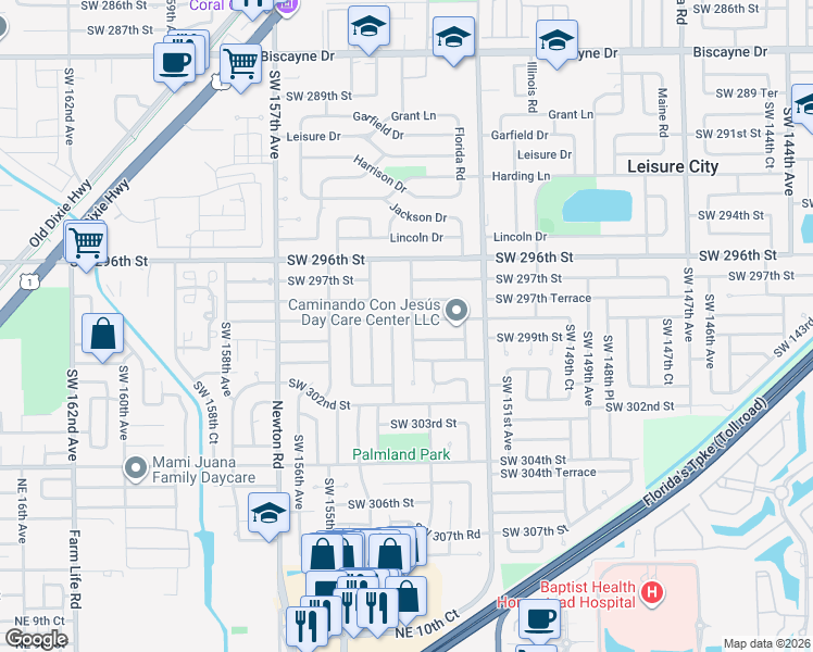 map of restaurants, bars, coffee shops, grocery stores, and more near 29830 Southwest 153rd Place in Homestead