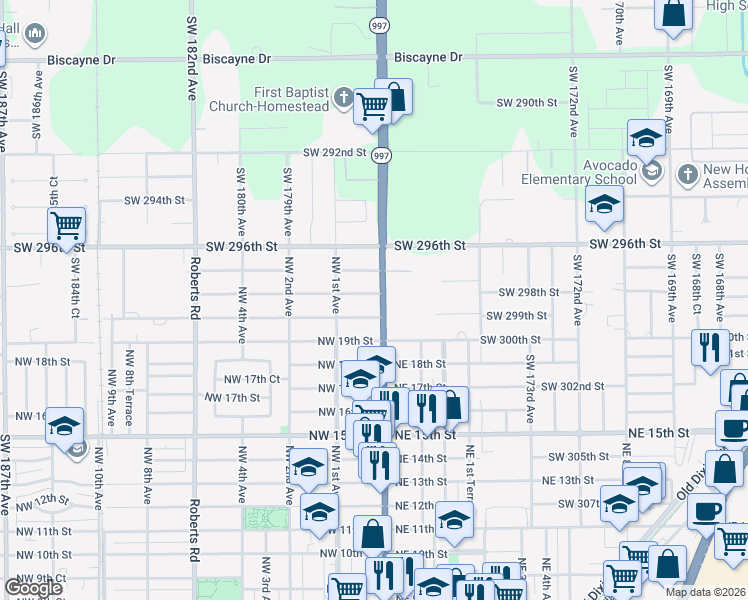 map of restaurants, bars, coffee shops, grocery stores, and more near 2038 North Krome Avenue in Homestead