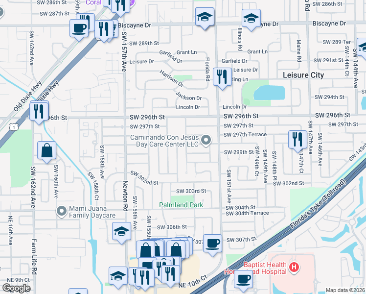 map of restaurants, bars, coffee shops, grocery stores, and more near 29830 Southwest 153rd Place in Homestead
