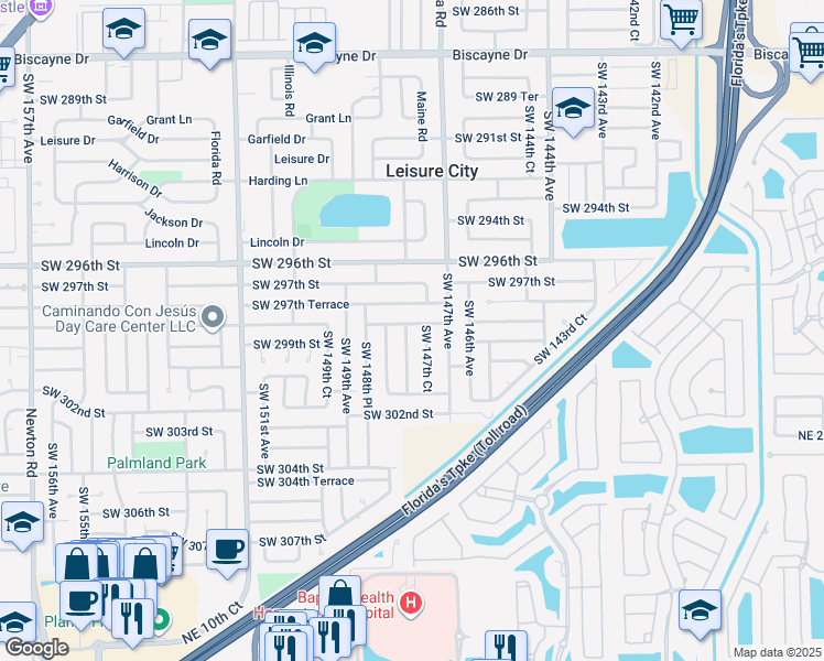 map of restaurants, bars, coffee shops, grocery stores, and more near 29833 Southwest 148th Avenue in Homestead