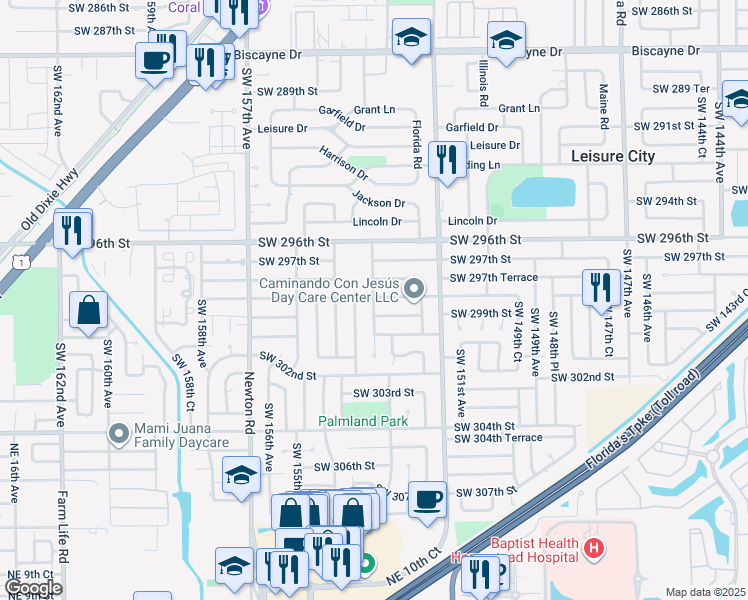 map of restaurants, bars, coffee shops, grocery stores, and more near 15321 Southwest 299th Street in Homestead