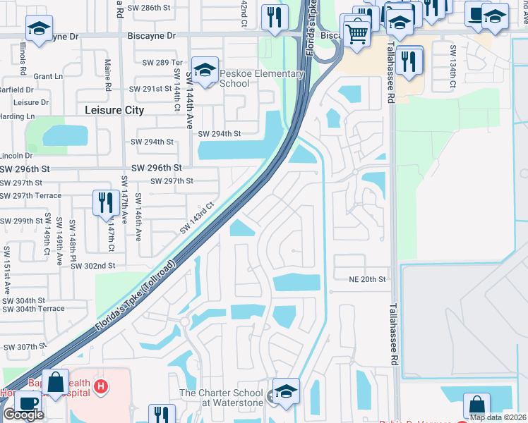 map of restaurants, bars, coffee shops, grocery stores, and more near 2160 Northeast 37th Road in Homestead