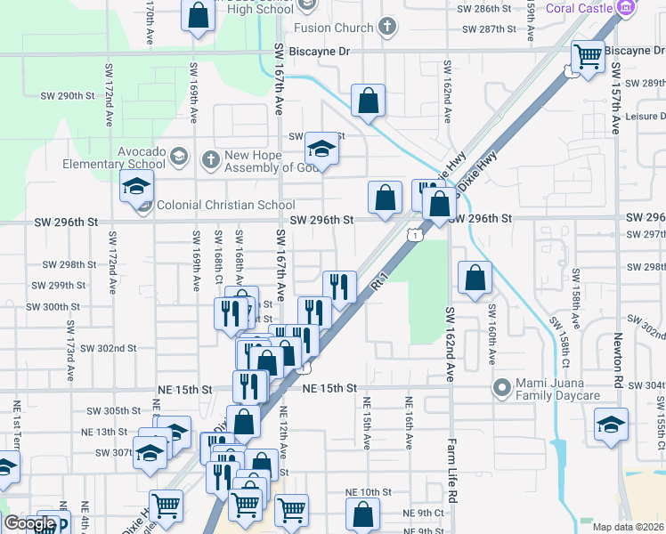 map of restaurants, bars, coffee shops, grocery stores, and more near 29860 Southwest 164th Place in Homestead