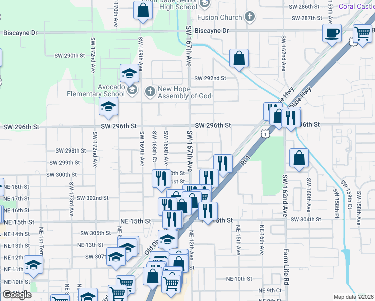 map of restaurants, bars, coffee shops, grocery stores, and more near 16706 Southwest 298th Terrace in Homestead
