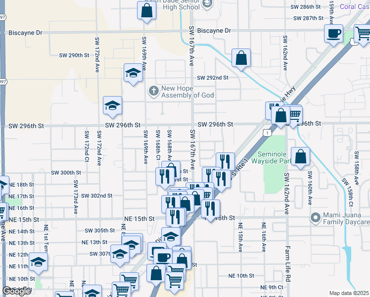map of restaurants, bars, coffee shops, grocery stores, and more near 16706 Southwest 298th Terrace in Homestead