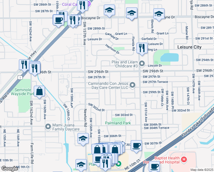 map of restaurants, bars, coffee shops, grocery stores, and more near 29830 Southwest 154th Court in Homestead
